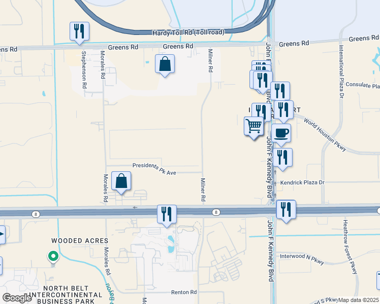 map of restaurants, bars, coffee shops, grocery stores, and more near 15525 Milner Road in Houston