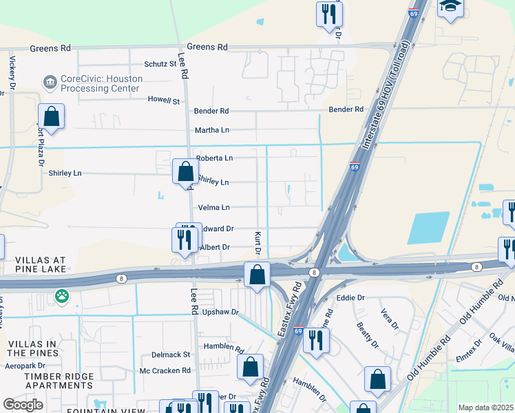map of restaurants, bars, coffee shops, grocery stores, and more near 6000 Velma Lane in Humble