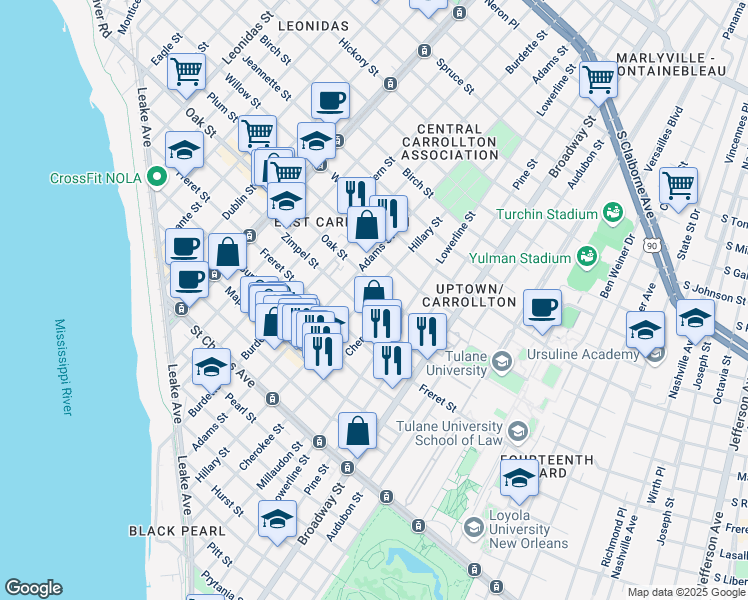 map of restaurants, bars, coffee shops, grocery stores, and more near 1121 Hillary Street in New Orleans