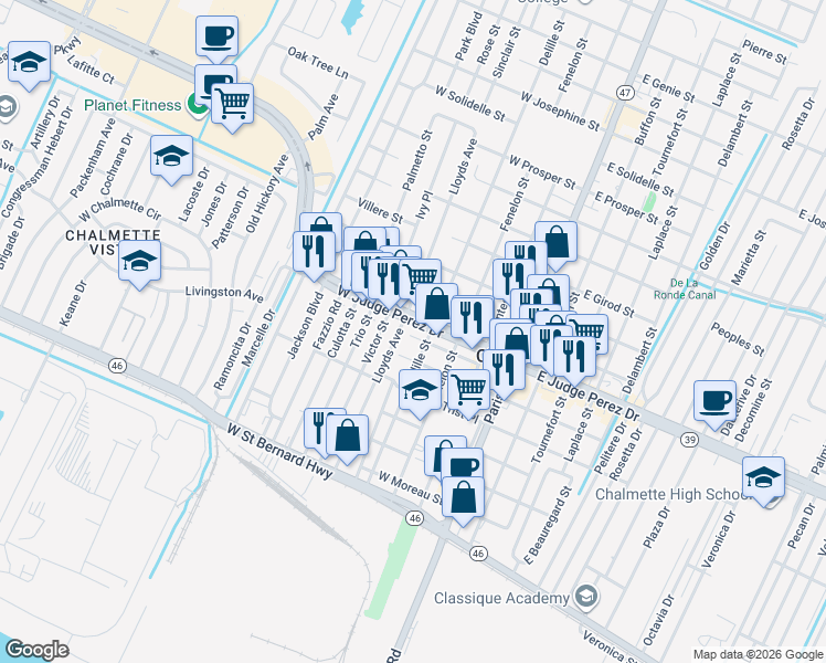 map of restaurants, bars, coffee shops, grocery stores, and more near 418 West Judge Perez Drive in Chalmette