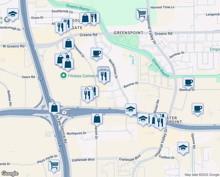 map of restaurants, bars, coffee shops, grocery stores, and more near 233 Benmar Drive in Houston