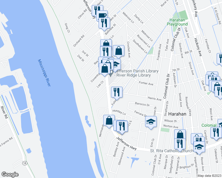 map of restaurants, bars, coffee shops, grocery stores, and more near 8721 Jefferson Highway in New Orleans