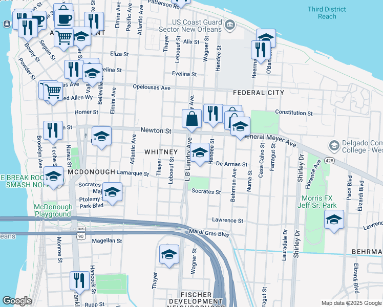 map of restaurants, bars, coffee shops, grocery stores, and more near 1610 De Armas Street in New Orleans