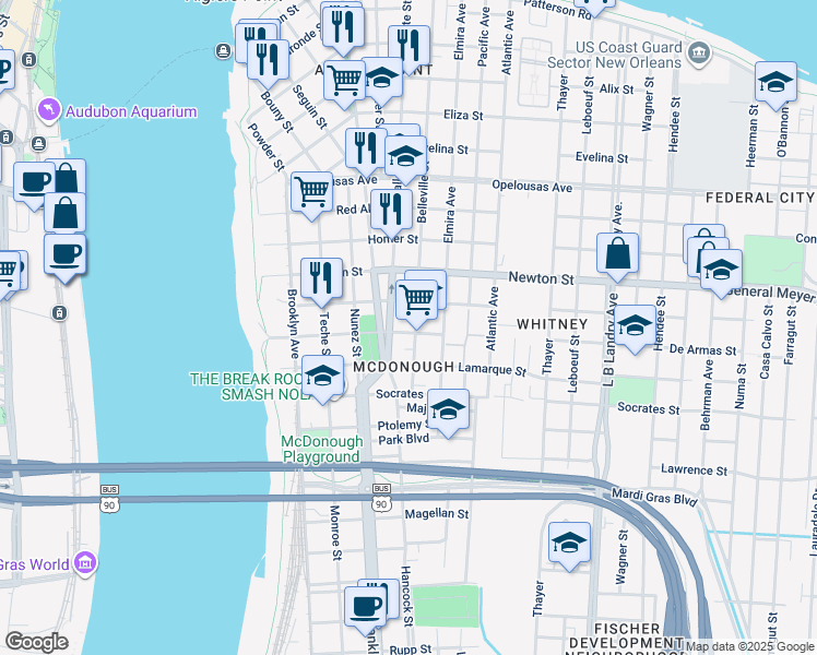 map of restaurants, bars, coffee shops, grocery stores, and more near 1222 Vallette Street in New Orleans