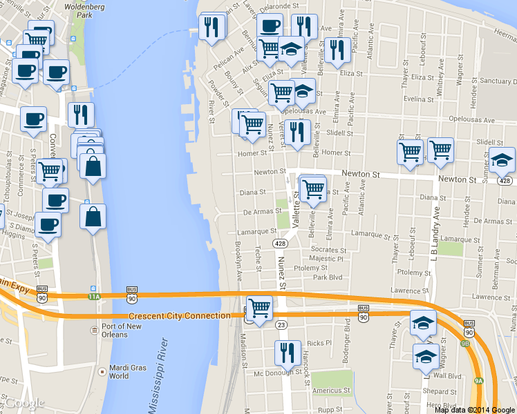 map of restaurants, bars, coffee shops, grocery stores, and more near 321 De Armas Street in New Orleans