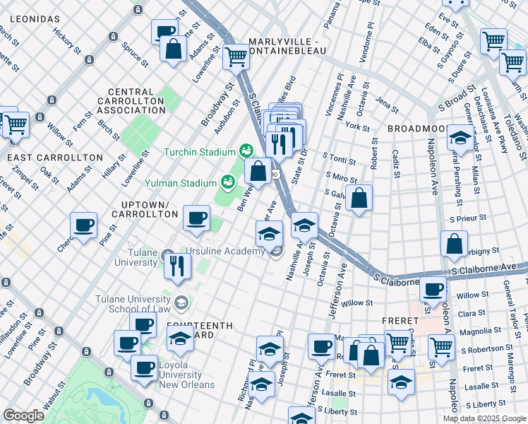 map of restaurants, bars, coffee shops, grocery stores, and more near 2806 State Street in New Orleans