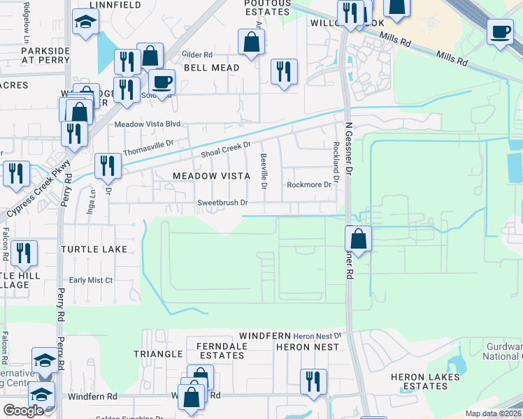map of restaurants, bars, coffee shops, grocery stores, and more near 8811 Sweetbrush Drive in Houston