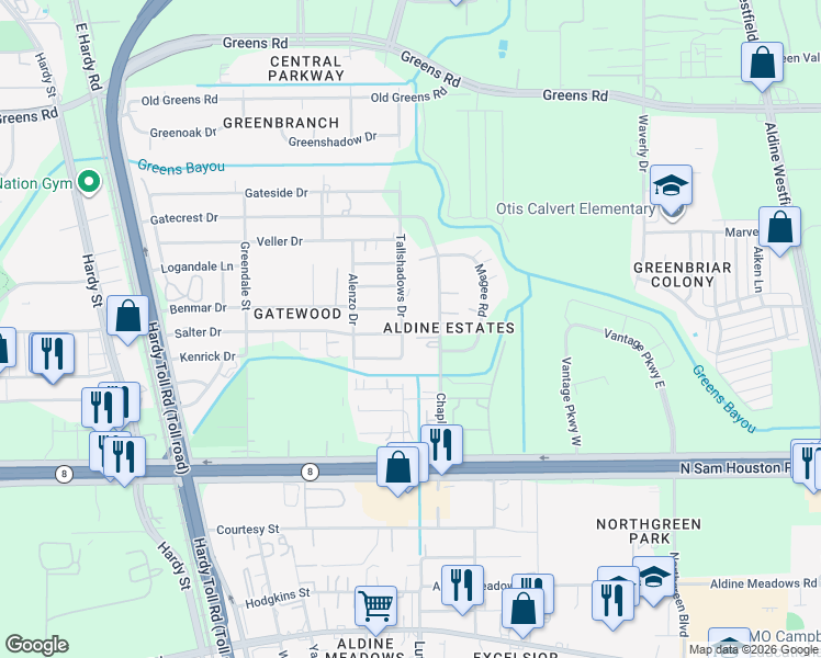 map of restaurants, bars, coffee shops, grocery stores, and more near 1054 Salter Drive in Houston