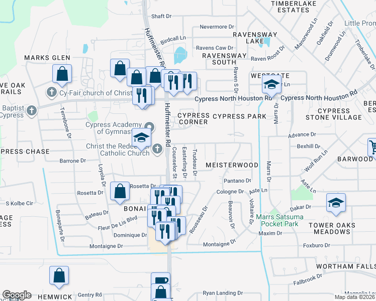 map of restaurants, bars, coffee shops, grocery stores, and more near 11622 Trudeau Drive in Houston