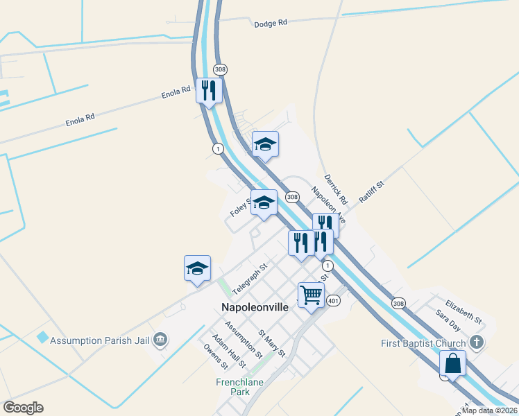 map of restaurants, bars, coffee shops, grocery stores, and more near 115-137 Elm Hall Street in Napoleonville