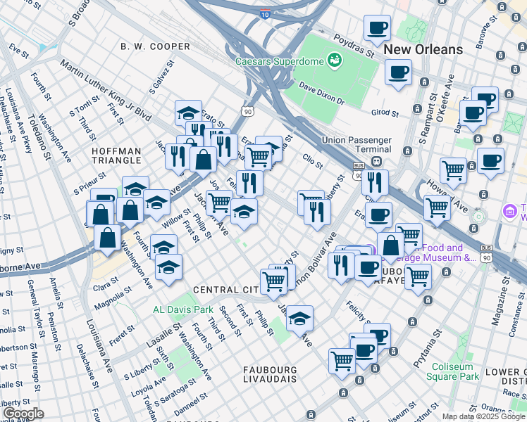 map of restaurants, bars, coffee shops, grocery stores, and more near 2429 Felicity Street in New Orleans