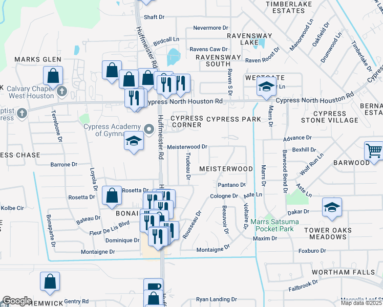 map of restaurants, bars, coffee shops, grocery stores, and more near 11622 Trudeau Drive in Houston