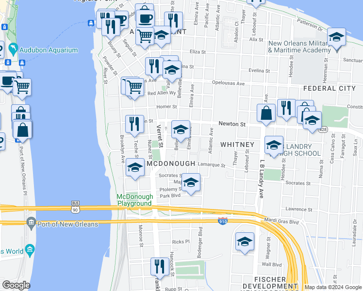 map of restaurants, bars, coffee shops, grocery stores, and more near 800 De Armas Street in New Orleans