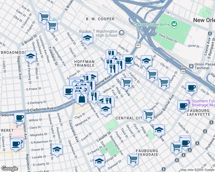map of restaurants, bars, coffee shops, grocery stores, and more near 2301 Willow Street in New Orleans