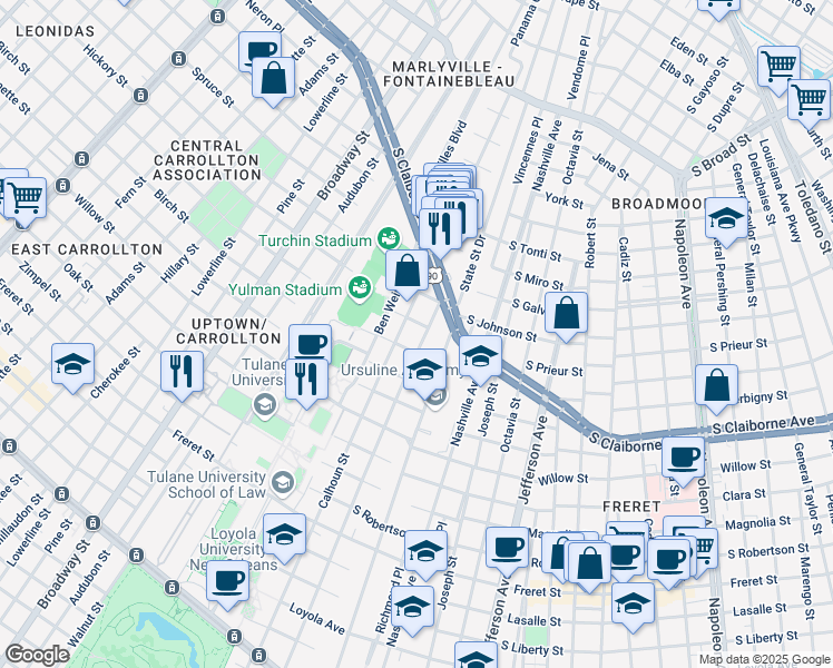 map of restaurants, bars, coffee shops, grocery stores, and more near 2832 Palmer Ave in New Orleans