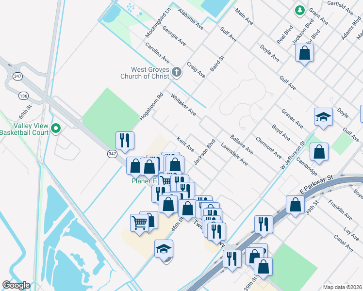 map of restaurants, bars, coffee shops, grocery stores, and more near 5110 Sue Avenue in Groves