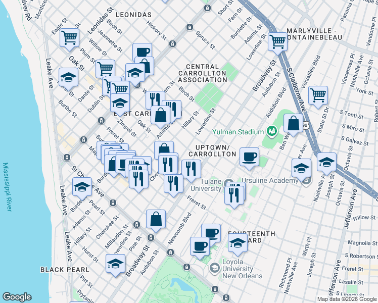 map of restaurants, bars, coffee shops, grocery stores, and more near 1225 Pine Street in New Orleans