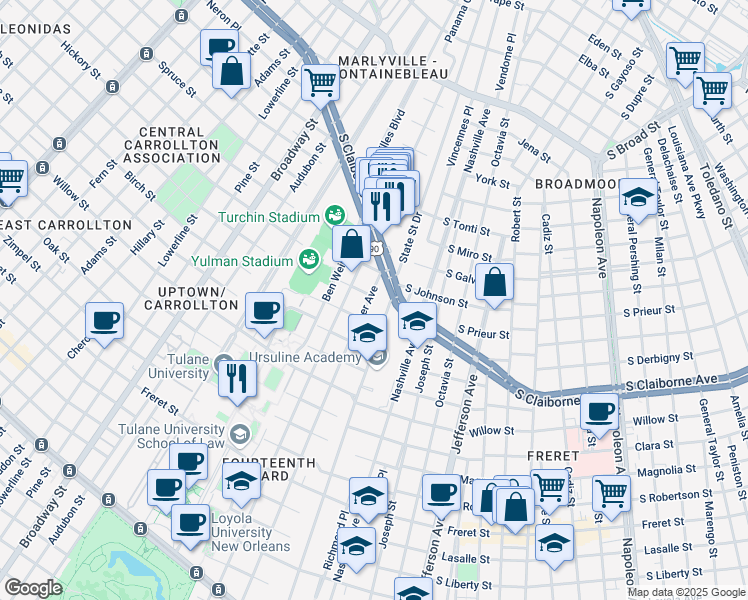 map of restaurants, bars, coffee shops, grocery stores, and more near 2806 State Street in New Orleans