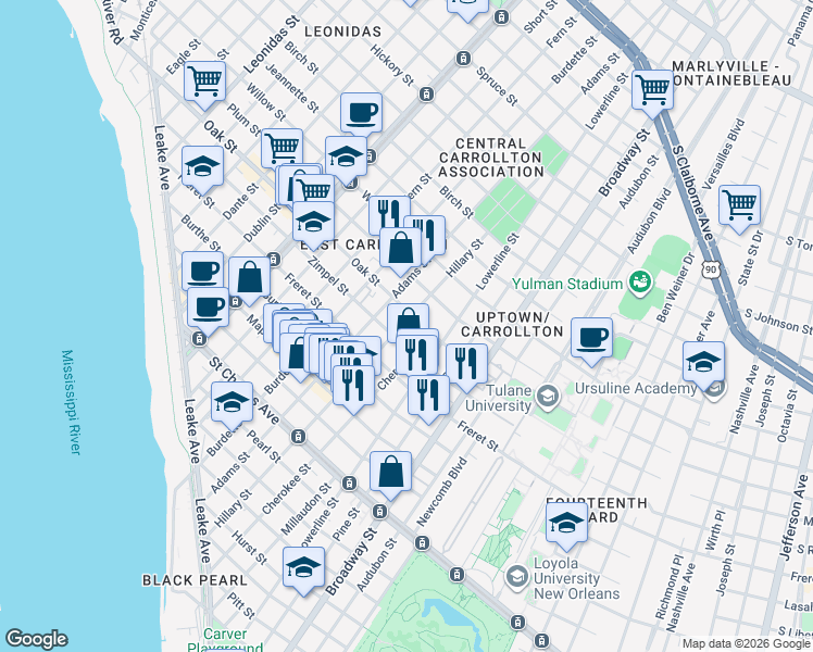 map of restaurants, bars, coffee shops, grocery stores, and more near 7510 Zimple Street in New Orleans