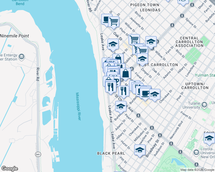 map of restaurants, bars, coffee shops, grocery stores, and more near 10569 Saint Charles Avenue in New Orleans