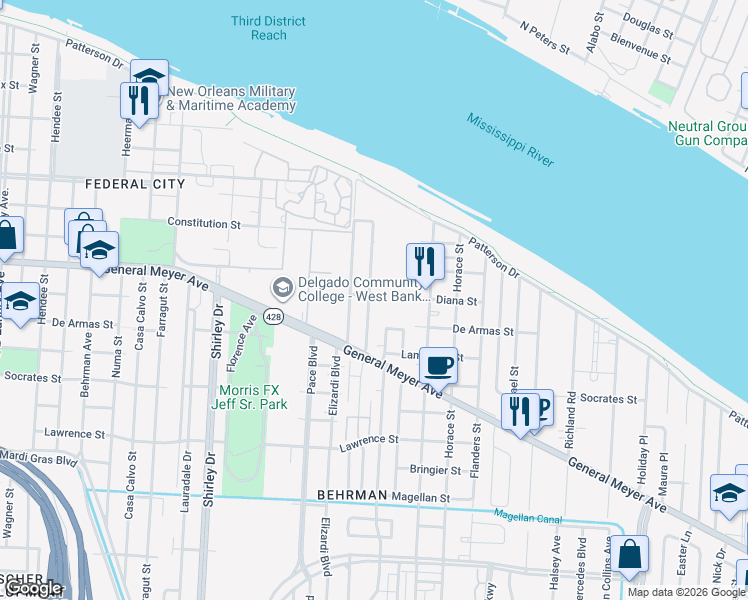 map of restaurants, bars, coffee shops, grocery stores, and more near 3107 Diana Street in New Orleans