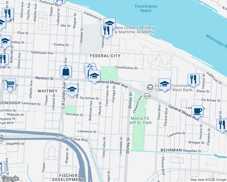 map of restaurants, bars, coffee shops, grocery stores, and more near 1122 Casa Calvo Street in New Orleans
