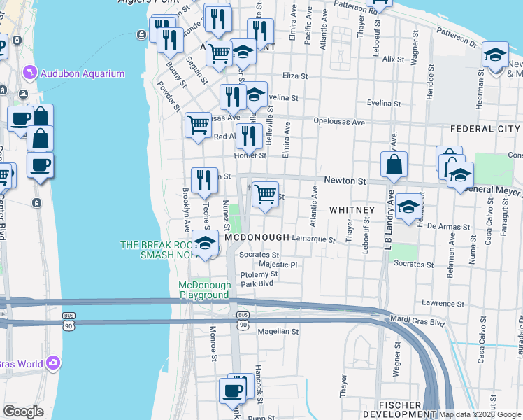 map of restaurants, bars, coffee shops, grocery stores, and more near 819 De Armas Street in New Orleans