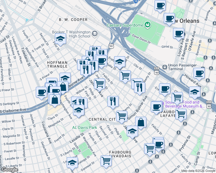 map of restaurants, bars, coffee shops, grocery stores, and more near 2624 Josephine Street in New Orleans
