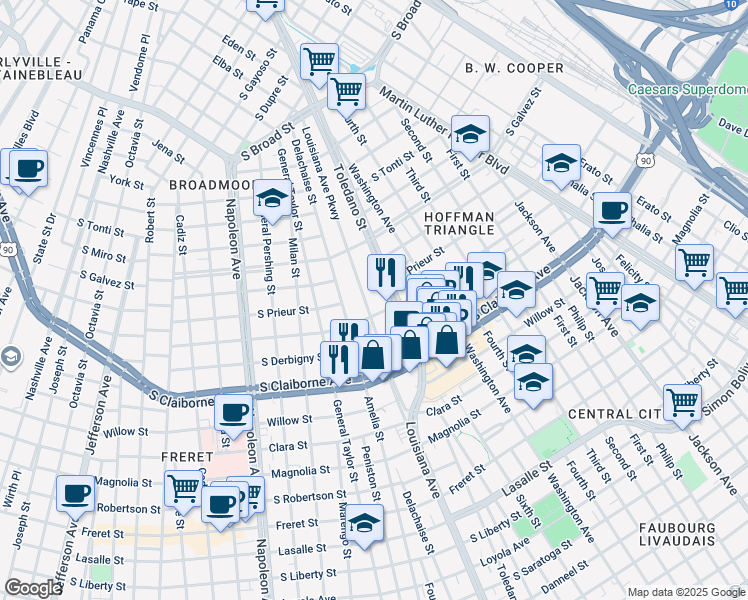map of restaurants, bars, coffee shops, grocery stores, and more near 3022 Toledano Street in New Orleans