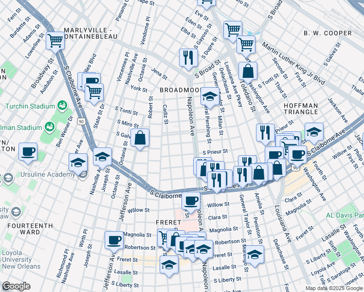 map of restaurants, bars, coffee shops, grocery stores, and more near 4430 South Prieur Street in New Orleans