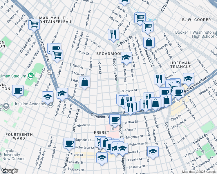 map of restaurants, bars, coffee shops, grocery stores, and more near 4430 South Prieur Street in New Orleans