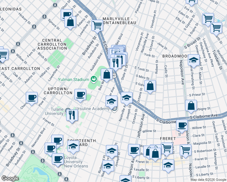 map of restaurants, bars, coffee shops, grocery stores, and more near 2806 State Street in New Orleans
