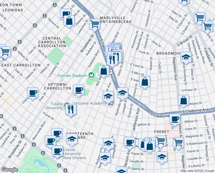 map of restaurants, bars, coffee shops, grocery stores, and more near 2806 State Street in New Orleans