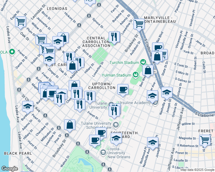 map of restaurants, bars, coffee shops, grocery stores, and more near in New Orleans