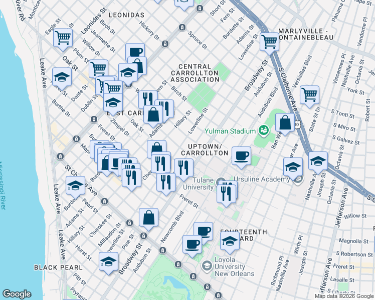 map of restaurants, bars, coffee shops, grocery stores, and more near 1225 Pine Street in New Orleans