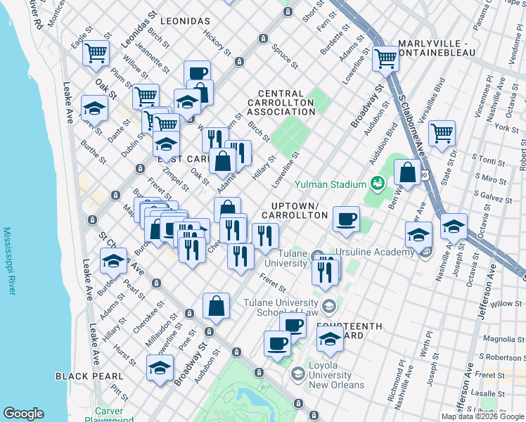 map of restaurants, bars, coffee shops, grocery stores, and more near 1225 Pine Street in New Orleans