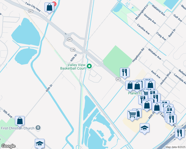 map of restaurants, bars, coffee shops, grocery stores, and more near 5801 North Twin City Highway in Port Arthur