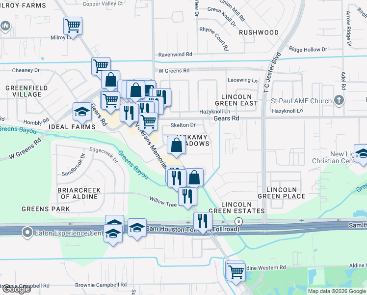 map of restaurants, bars, coffee shops, grocery stores, and more near 2619 Owens Cross Drive in Houston