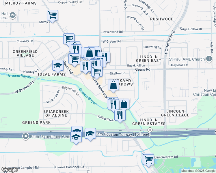 map of restaurants, bars, coffee shops, grocery stores, and more near 11106 Veterans Memorial Drive in Houston