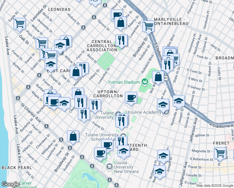 map of restaurants, bars, coffee shops, grocery stores, and more near 4 Audubon Boulevard in New Orleans