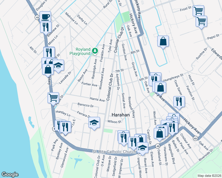map of restaurants, bars, coffee shops, grocery stores, and more near 530 Ashlawn Drive in Harahan