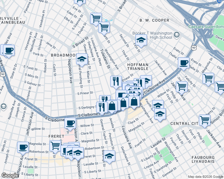 map of restaurants, bars, coffee shops, grocery stores, and more near 3022 Toledano Street in New Orleans