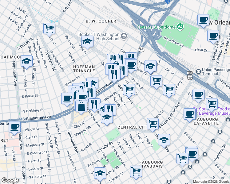 map of restaurants, bars, coffee shops, grocery stores, and more near 2301 Willow Street in New Orleans