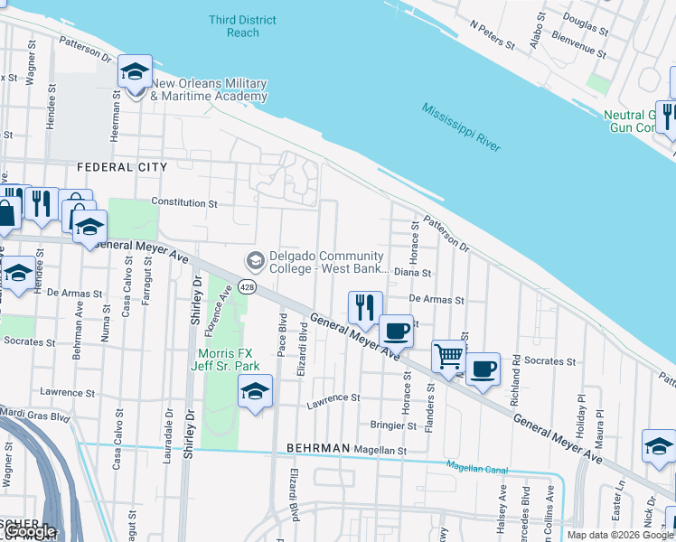map of restaurants, bars, coffee shops, grocery stores, and more near 3107 Diana Street in New Orleans