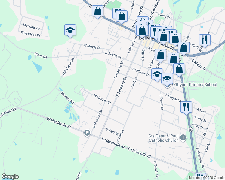 map of restaurants, bars, coffee shops, grocery stores, and more near 614 South Masonic Street in Bellville