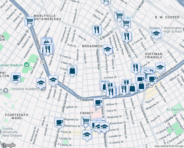 map of restaurants, bars, coffee shops, grocery stores, and more near 4444 South Galvez Street in New Orleans