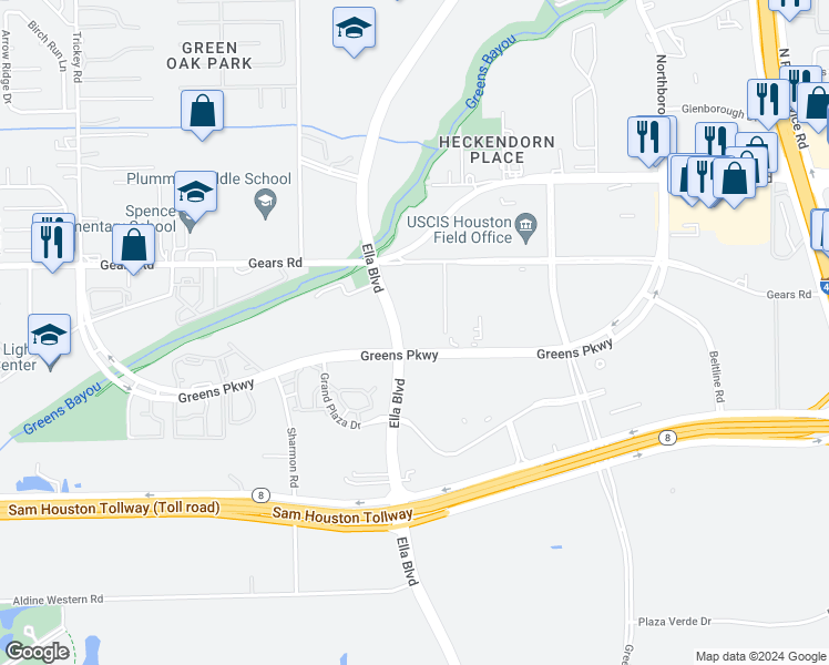 map of restaurants, bars, coffee shops, grocery stores, and more near 1050 Greens Parkway in Houston