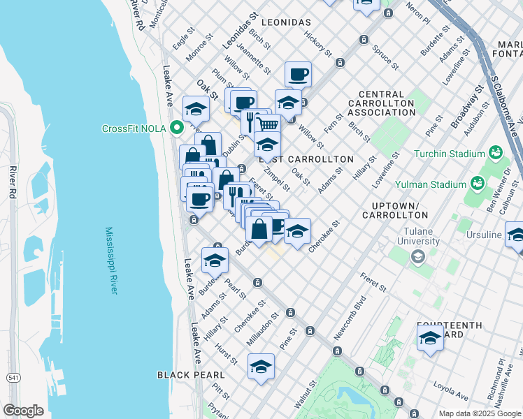 map of restaurants, bars, coffee shops, grocery stores, and more near 7829 Burthe Street in New Orleans