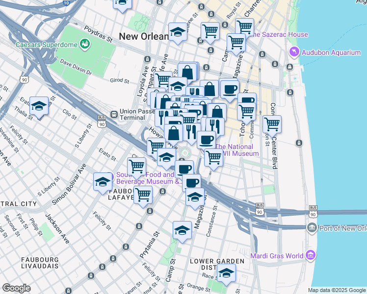 map of restaurants, bars, coffee shops, grocery stores, and more near 919 Saint Charles Avenue in New Orleans