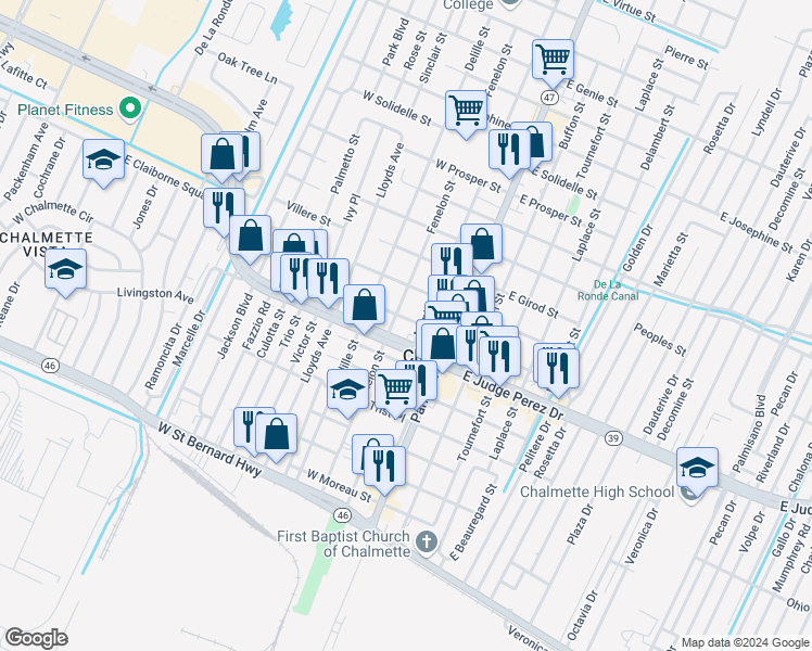map of restaurants, bars, coffee shops, grocery stores, and more near 2708 Fenelon Street in Chalmette